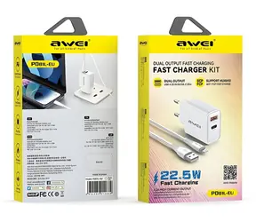 AWEI PD81L-EU bílá / Síťová nabíječka / GaN / 22.5W / USB-C + Lightning kabel / PD/QC