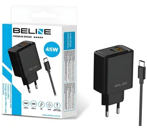 Beline BLN2CB45C černá / Napájecí adaptér / 45 W / USB-A + USB-C / GaN, PD / + kabel USB-C
