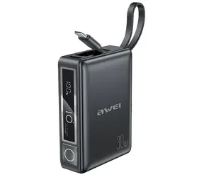 AWEI P87K černá / Powerbanka / 10000mAh / 30W / integrovaný kabel USB-C + Lightning