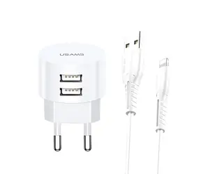 USAMS T20 bílá, Lightning kabel / Nabíječka / 2x USB-A / 2.1A