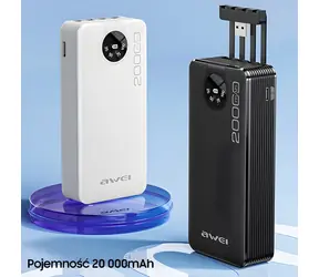 Awei P134K černá / Powerbanka / 20000mAh / LED displej / USB-C, Lightning, MicroUSB kabely
