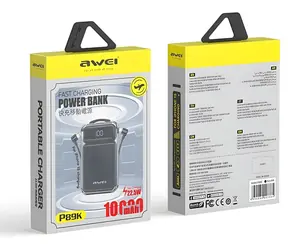 Awei P89K černá / Powerbanka / 10000mAh / Bezdrátové nabíjení / PD 20W / kabely USB-C + Lightning