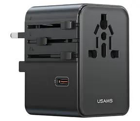 USAMS CC310 černá / Cestovní adaptér / 3x USB-C / 2x USB-A / 70W / 4v1 US/AU/EU/UK