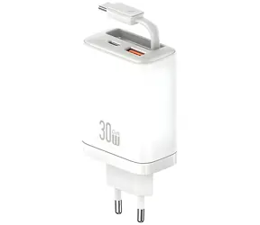 USAMS Xiang Series CC296 bílá / Nabíječka / GaN / 30W / 1x USB-C / 1x USB-A / vestavěný kabel USB-C
