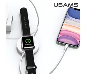 USAMS CC096 černá / Bezdrátová nabíječka / 3v1 / 10W / s Lightning kabelem / pro telefon, sluchátka, hodinky