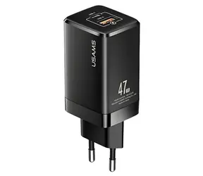 USAMS T41 černá / Síťová nabíječka / GaN / USB-C + USB-A / 47W / PD / QC