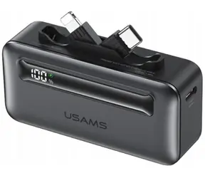 USAMS XB-Series CD233 stříbrná / Powerbanka / 5000 mAh / PD 20W / vestavěný kabel USB-C/Lightning