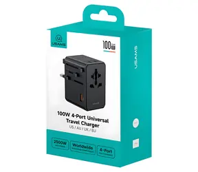 USAMS T72 černá / Cestovní nabíjecí adaptér / 65W / GaN / USB-A + 3x USB-C / 4v1 US/AU/EU/UK