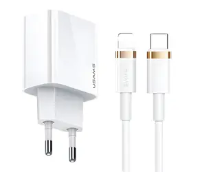 USAMS T49 bílá / Nabíječka + kabel USB-C-Lightning / 20W / PD3.0 / USB-C
