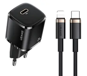 USAMS T36 mini černá / Síťová nabíječka / USB-C / PD 20W / + kabel USB-C - Lightning