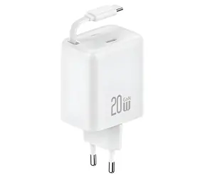 USAMS CC233 bílá / Nabíječka / GaN / USB-C PD+QC / 20W / výsuvný kabel 80cm