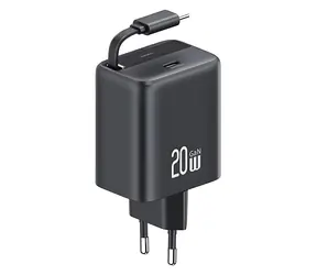 USAMS CC233 černá / Nabíječka / GaN / USB-C PD+QC / 20W / výsuvný kabel 80cm