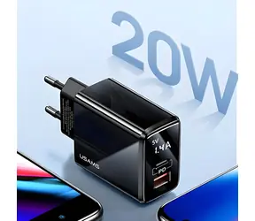 USAMS T40 CC133T černá / Nabíječka / 1x USB-C + 1x USB-A / PD3.0 20W + QC3.0 / LED displej