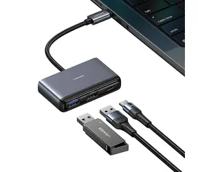 USAMS SJ628 šedá / Adaptér USB-C hub 5v1 / USB 3.0 / USB 2.0 / TF/SD čtečka karet