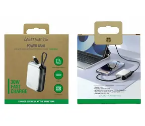 4smarts Pocket 10000mAh stříbrná / Powerbanka / 30W / vestavěný USB-C kabel 15cm / displej