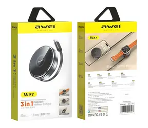 Awei W27 černá / Bezdrátová nabíječka 3 v 1 / 15 W / MagSafe / USB-C kabel / Stojánek