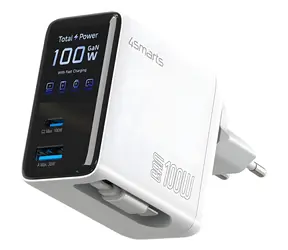 4smarts GaN Flex Screen AI 100W bílá / Nabíječka / GaN / 2x USB-C, 1x USB-A / Displej