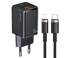 USAMS T43 černá / Síťová nabíječka s kabelem Lightning / 33W / PD3.0 + QC3.0 / USB-C + USB / 120cm