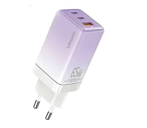 USAMS US-CC180 fialová / Nabíječka / 65W / 2x USB-C + 1x USB-A / GaN / PD3.0 / QC3.0