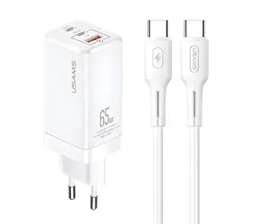 USAMS T33 bílá / Nabíječka / GaN / 65W / 2x USB-C + USB-A / PD / vč. kabelu USB-C-USB-C