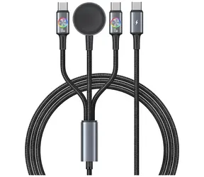 USAMS SJ754 šedá / Datový kabel 3v1 / 2x USB-C + magnetický nabíječ Apple Watch / PD 72W / 1,2 m