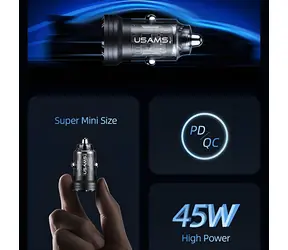 USAMS C35 černá / Autonabíječka / USB-C + USB-A / 45 W / PD, QC