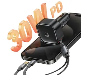 USAMS US-CC220 2x USB-C černá / Autonabíječka / smršťovací kabel / PD 30W / 2v1