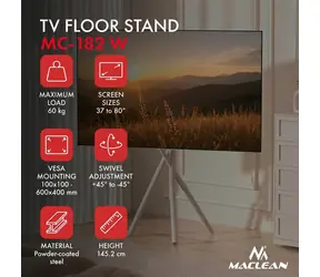 Maclean MC-182 W bílá / Mobilní podlahový stojan pro TV / 37-80" / VESA 100x100-600x400 / nosnost 60 kg