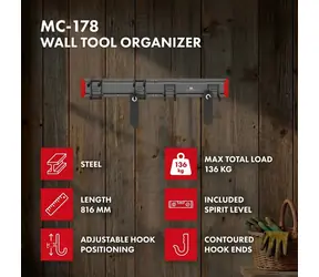 MC-178 Nástěnný organizér na nářadí černo-bílý / Organizér na nářadí / Ocel / Nosnost 136 kg / 6 háčků