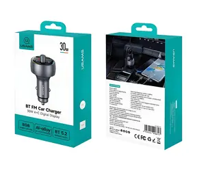 USAMS CC328 kouřová / Autonabíječka / Bluetooth FM transmitter / 30W / USB-A / USB-C