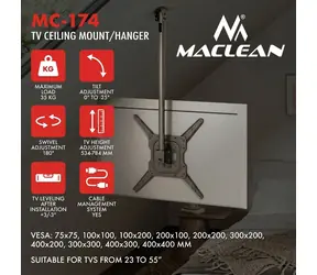 Maclean MC-174 černá / Stropní držák pro TV / 23-55" / VESA 400x400 / nosnost 35 kg