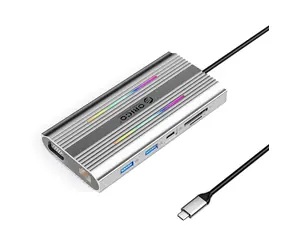 Orico USB-C Hub 12v1 RGB stříbrná / Dokovací stanice / 3x USB-A / USB-C PD 100W / HDMI 4K / VGA / RJ45 Gigabit