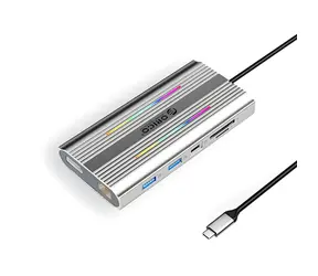 Orico dokovací stanice 12v1 RGB stříbrná / USB-C PD 100W / 2x HDMI 4K60Hz / DisplayPort 4K60Hz / RJ45