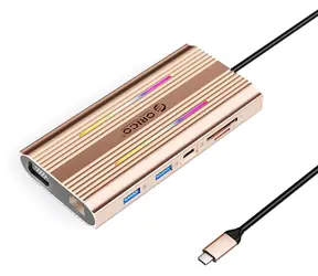 Orico USB-C Hub 12v1 RGB růžovo-zlatá / Dokovací stanice / 3x USB-A / USB-C PD 100W / HDMI 4K / VGA / RJ45 Gigabit