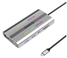 Orico USB-C hub 12v1 RGB šedá / USB-C hub / PD 100W / 2x HDMI 4K 60Hz / VGA / RJ45 Gigabit