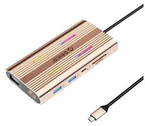 Orico USB-C hub 12v1 RGB růžovo-zlatá / USB hub / PD 100W / 2x HDMI 4K 60Hz / VGA / RJ45 Gigabit / 2x USB-A