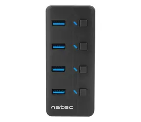 Natec Mantis 2 černá / USB rozbočovač / 4x USB 3.0 / aktivní / vypínače portů / napájecí adaptér