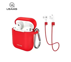 USAMS BH423 červená / Pouzdro pro AirPods / Silikonové / Poutko a karabina