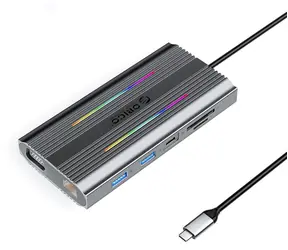 Orico USB-C Hub 12v1 RGB šedá / Dokovací stanice / USB-C / PD 100W / HDMI 4K / VGA / RJ45 Gigabit