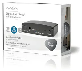 Nedis TosLink audio přepínač 4x1 černý / Audio přepínač / 4x TosLink vstup / Kovové tělo / Dálkové ovládání