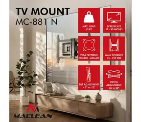 Nástěnný držák TV MC-881 N černá / Nástěnný držák pro TV / 37-90" / VESA 600x400 / náklon / nosnost 65 kg