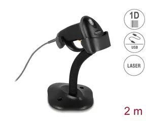 Delock USB čtečka čárových kódů 1D černá / Čtečka čárových kódů / Laser / S kabelem a stojánkem