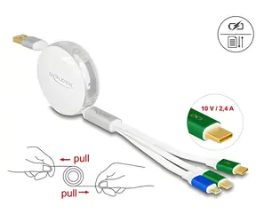 DeLock USB-A 3v1 bílá / Nabíjecí kabel / Micro-USB, 2x USB-C / 1,13 m / 3 A