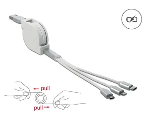 DeLock USB-A 3v1 bílá / Nabíjecí kabel / Lightning, Micro-USB, USB-C / Smotávací