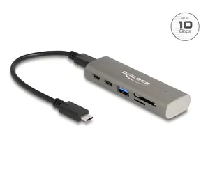 DeLock USB-C Hub šedá / USB hub / 10 Gbps / 3× USB-C + 1× USB-A / čtečka SD a microSD karet