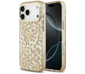 Guess IML Leopard Glitter Triangle Logo MagSafe hnědá / Zadní kryt / MagSafe / iPhone 17/18 Pro Max
