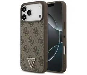 Guess Leather 4G Triangle Strass hnědá / Zadní kryt / MagSafe / iPhone 17 Pro Max a 18 Pro Max