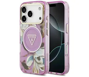 Guess IML Glitter Flowers Triangle fialová / Zadní kryt / MagSafe / iPhone 17 Pro a 18 Pro