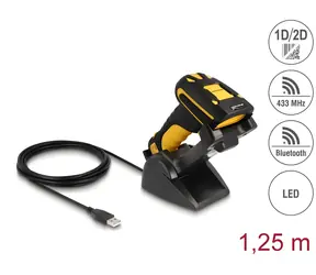 Delock Průmyslová čtečka čárových kódů 1D a 2D / 433 MHz nebo Bluetooth / indukční nabíjecí stanice