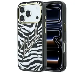 Karl Lagerfeld IML Signature Zebra Glitter MagSafe zlatá / Zadní kryt / iPhone 17 Pro a 18 Pro / MagSafe